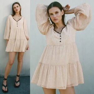 Zara Polka Dot Lace Trim Tiered Babydoll Mini Dress  Beige Pink Sz Small